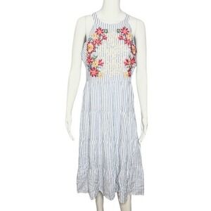 Savanna Jane Striped Embroidered Tiered Midi‎ Dress Women Size M